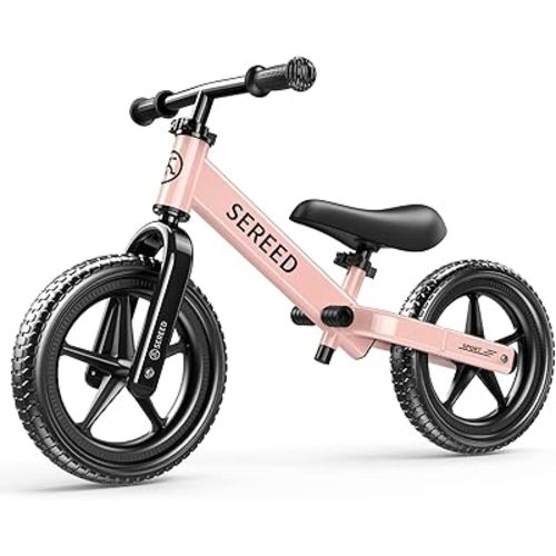 SEREED Toddler Balance Bike 2 Year Old, 12 Inch No Pedal Kids Toy Bike for 2-5 Years Old, Tool-Free Adjustment, Gift for 2-3 Girls, Customize Plate with 3pcs Stickers (Pink)