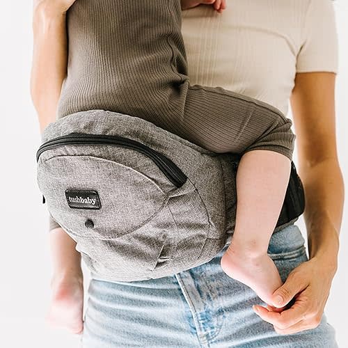Tushbaby The Original Safety-Certified Hip Carrier for Babies & Toddlers: Machine Washable Child Waist Seat with Pocket Storage, As Seen on Shark Tank (23”-44” Waist, 0-3 yrs up to 45lbs) – Grey