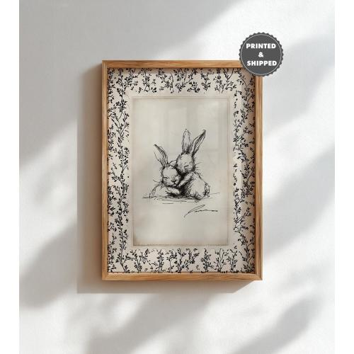 Floral Rabbit Sketch Print, Woodland Nursery Decor, Vintage Bunny Spring Art Drawing Printed and Shipped