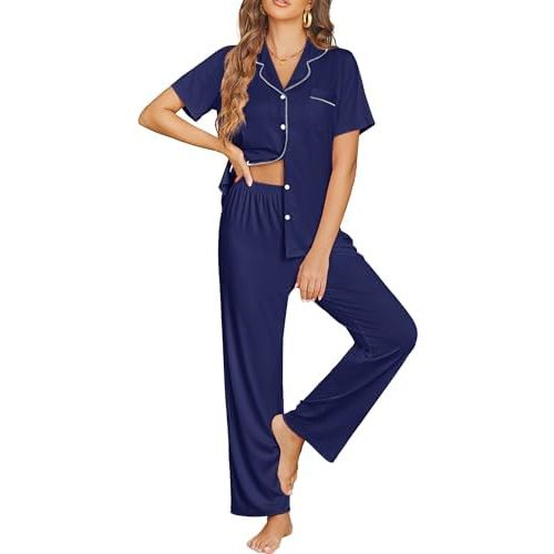 Ekouaer Womens Pajama Sets Button Down Pjs Lounge Sets 2 Piece Short Sleeve Sleepwear Soft Comfy Loungewear,S-XXL