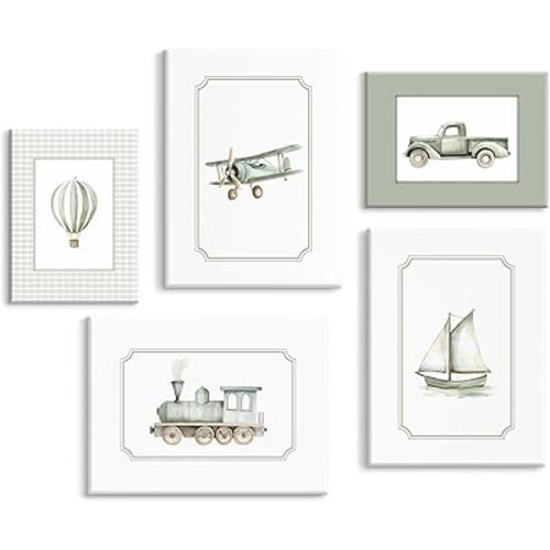 Sage Green Nursery Wall Art Boys Room Canvas Poster Kids Wall Decor Vintage Vehicle Prints Baby Toddler Pictures Transportation Plane Painting Train Truck Artwork for Bedroom 8x10 Inch Ready to Hang