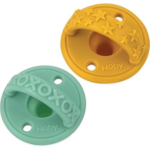 Nuby Sili Soother Baby Pacifiers with Soft Handle and Safety Air Holes - (2-Pack) - 0+ Months - Yellow Stars and Aqua