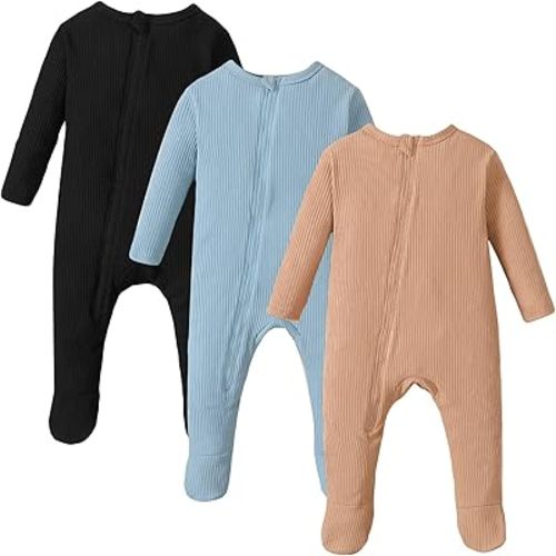 OPAWO Newborn Footie Pajamas with Mitten Cuffs Double Zipper Sleepers Baby Boy Girl Onesie Footed One-Piece Romper 0-6 Months