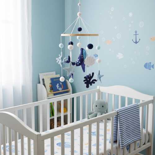 Coastal Baby Mobile: Wool Felt Whale, Sea Life Nursery Decor