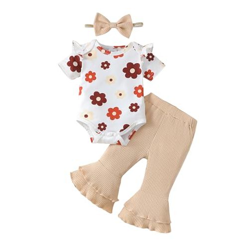 SUNNY PIGGY Baby Girl Clothes Ruffle Short Sleeve Romper Long Pants Set with Headband Newborn Infant Outfits