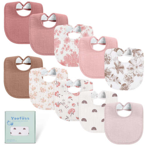 Yoofoss 10 Pack Muslin Baby Bibs for Drooling and Teething, Cotton Bandana Drool Bibs for Baby Girl Boy Unisex 0-36 Months