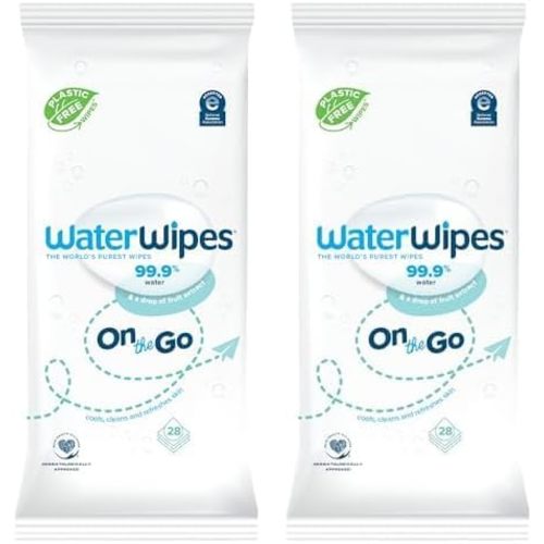 WaterWipes On The Go Wipes, 99.9% Water-Based Wipes for Travel, Sports, and to Refresh Skin, Unscented & Hypoallergenic, 28 Count (2 Pack)