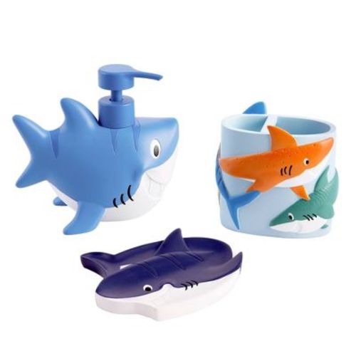 Allure Home Colorful Sharks Kids' 3pc Bath Set: Resin Bathroom Accessories, Soap Dispenser, Dish & Brush Holder