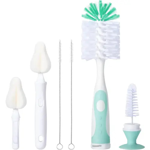 Baby Bottle Brush Set with Nipple Cleaner and Suction, 10.2" Cleaning Brush and 6.5" Sponge Bottle Brush with A Replacement Brush Head and Two 6.7" Straw Brushes, Pack of 5 (Green)