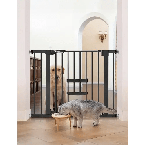 BABELIO New Version Baby Gate with Cat Door Adjustable, 29-40" Metal Pet Door for Stairs & Doorways, Pressure Mounted, No Tools Needed, Black