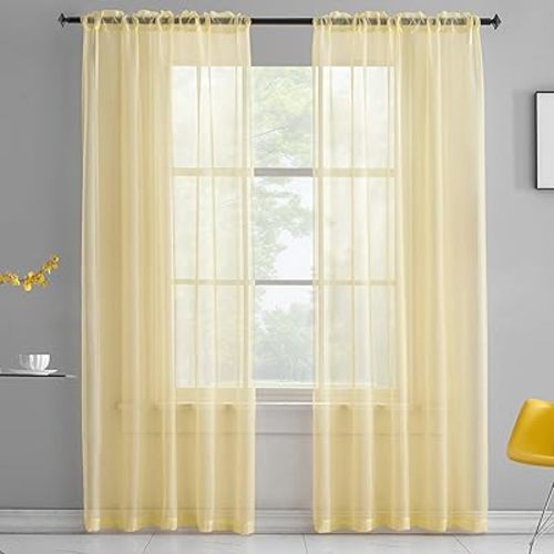 Light Yellow Sheer Voile Curtains Translucent Solid Color Window Treatment 84 Inches Long Panels Rod Pocket Light Yellow Sheers for Bedroom Living Room 2 Panels 52x84 Pastel Yellow