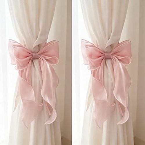 STEFORD 2 Pack Pink Silky Bow Curtain Tiebacks, French Elegant Lace Ribbon Curtain Holdbacks for Pink Room Decor Party Wedding Birthday Decoration