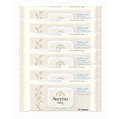 AVEENO Baby Daily Care Wipes - Cleanse Gently and Efficiently - Baby Wipes - Baby Essentials - 72 Wipes, Lid On Each Pack, Pack of 6 (432 Wipes in Total)