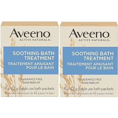 Aveeno Fragrance Free Soothing Bath Treatment, 100% Natural Colloidal Oatmeal, Sensitive Skin Bath Soak for Relief of Dry, Itchy, Irritated Skin Due to Eczema & Hives, Bath Packets, 8 ct. (Pack of 2)