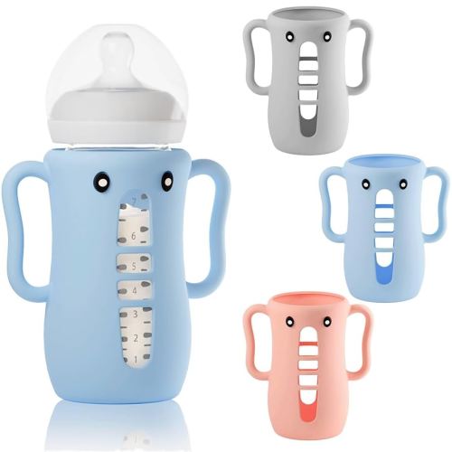 3 Pack Sleeves for Avent Baby Bottle, BPA Free Silicone Sleeves with Handles for Avent Natural Glass Baby Bottles, Anti Breakage Cover for Phillips Glass Avent Bottles (Pink+Blue+Grey, 8 Oz)