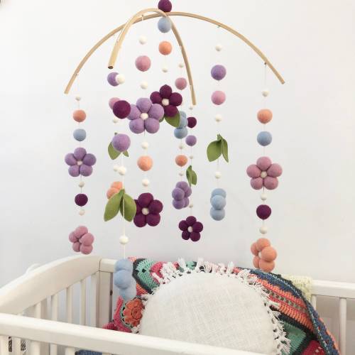 mulberry winter Garden with leaves flower mobile, sweet baby girl nursery, flower mobile, baby blue and pink flower mobile, nursery decor.