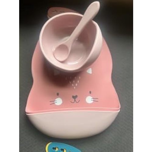 Silicone Baby Feeding Bib Set with Bowl and Spoon, Pink Animal Print, Waterproof, 6 Months to 3 Years