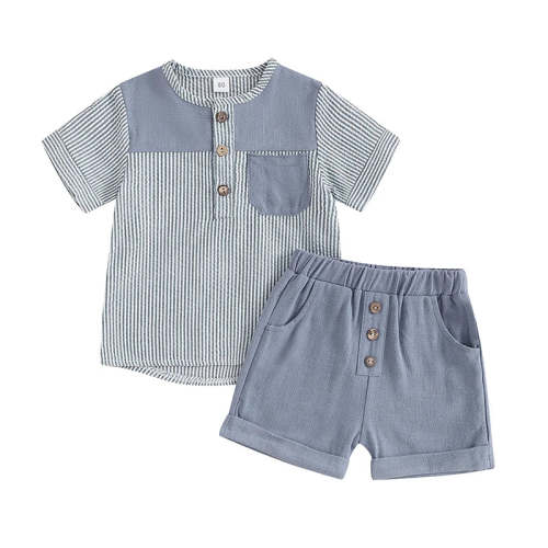Baby Toddler Kids Boys 2Pcs Outfit Striped Pattern Short Sleeve Top with Pocket Button Up and Elastic Shorts Clothes Set