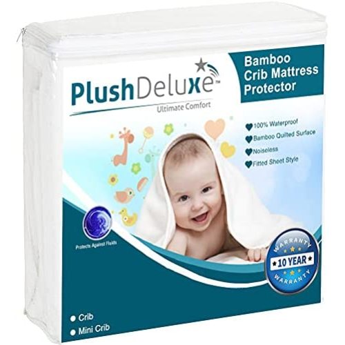 Crib Mattress Protector Waterproof – Bamboo Quilted Ultra Soft White Terry Fitted Sheet Style (Crib)