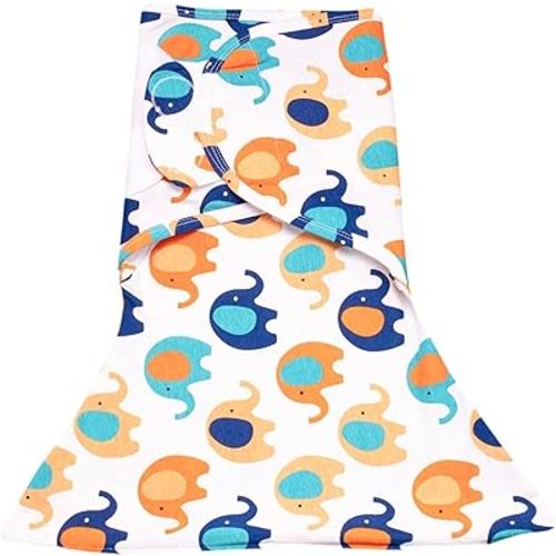 SleepingBaby Zippy Swaddle - Baby Swaddle Blanket with Convenient Bottom Zipper - Blue & Orange Elephants - Small/Medium