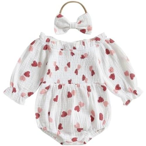 Lamuusaa Newborn Baby Girl Clothes Cotton Linen Heart Romper Smocked Bodysuit Shirts Headband Valentines Day Outfit