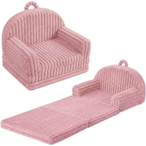Blissful Diary Foldable Kids Couch, 2-in-1 Comfy Kids Chair for Reading, Playroom, Kids Couch Sofa for Girls Boys Birthday Gift, Blush Pink