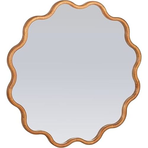 Creative Co-Op Wavy Round Mirror with Scalloped Wooden Frame