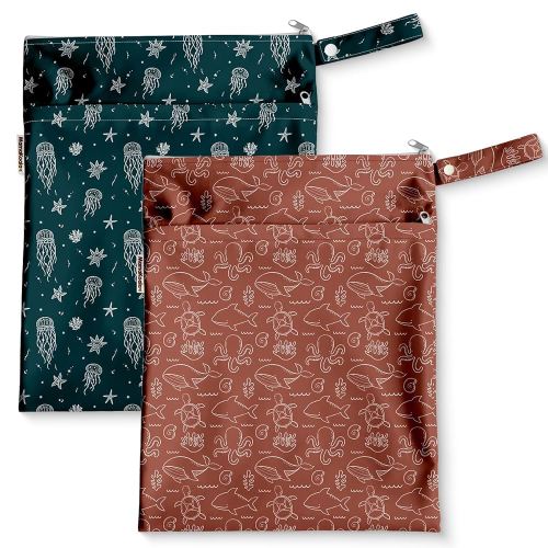 Mama Koala Waterproof Wet Dry Bags for Baby Items, Cloth Diapers, Swimsuits, Travel, Gym Clothes, Beach, Pump Parts, Toiletries, Two Zippered Pockets, 2 Pack (W020)