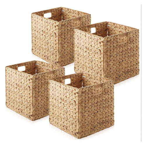 Exlonjet 12" x 12" Water Hyacinth Storage Baskets, Natural - Set of 4 Collapsible Cube Organizers, Woven Bins for Bathroom, Bedroom, Laundry, Pantry, Shelves