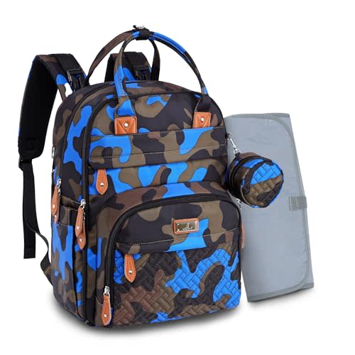BabbleRoo Diaper Bag Backpack - Baby Essentials Travel Tote - Multi function Waterproof Diaper Bag, Travel Essentials Baby Bag with Changing Pad, Stroller Straps & Pacifier Case - Unisex, Blue Camo