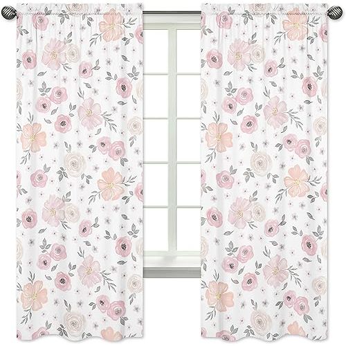 Sweet Jojo Designs Blush Pink, Grey and White Window Treatment Panels Curtains for Watercolor Floral Collection Set of 2