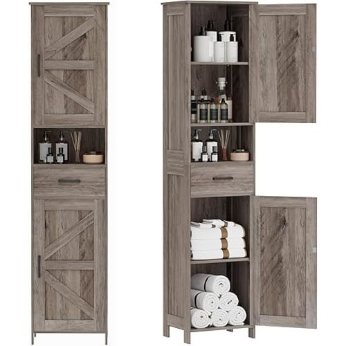 Homhedy 67" H Tall Bathroom Storage Cabinet with 2 Barn Doors and 1 Drawer, Narrow Storage Unit, Adjustable Shelves，Floor Cabinet for Bathroom, Living Room, Entryway, Kitchen, Greige, (15.7" W)