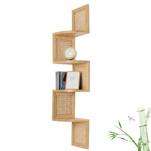 FamilleElement Bamboo 4-Tier Corner Shelf Natural Rattan Floating Corner Shelves Wall Mount Shelves for Living Rooms, Bedroom, Office (02-Bamboo)