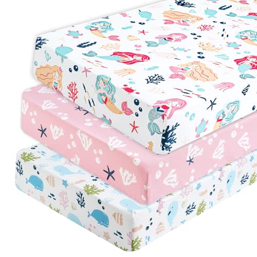 PHF 3 Pack Soft Mermaid Crib Sheets Fitted, Silky Comfy Breathable Baby Sheets for Boys Girls Neutral, 28x52 Inches Fits Standard Crib and Toddler Mattresses, Mermaid