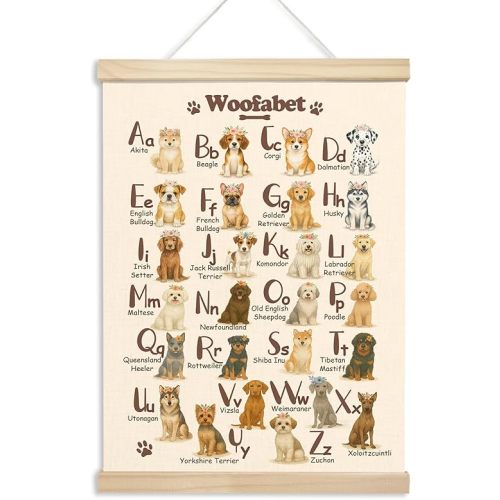 Xmsaitar Classroom Dog Alphabet Poster Hanger Frame Wall Decor, Nursery Cute Woofabet Prints for Wall Hanging Decor Art, Rustic floral Puppy Pictures Banner for Toddler Room Dorm Playroom 12x16in
