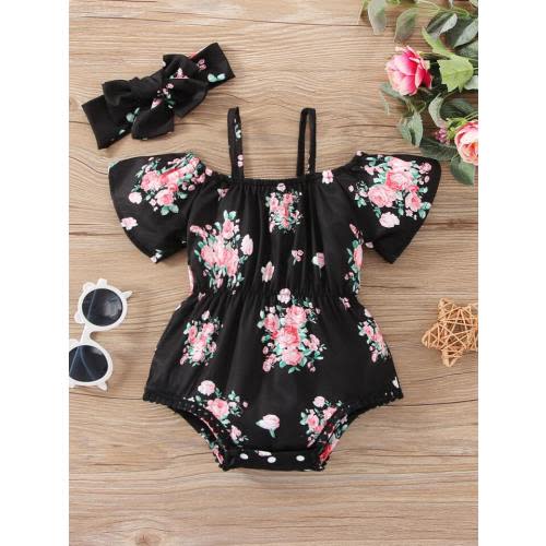 Baby Floral Print Cold Shoulder Bodysuit & Headband: 3-6 Months