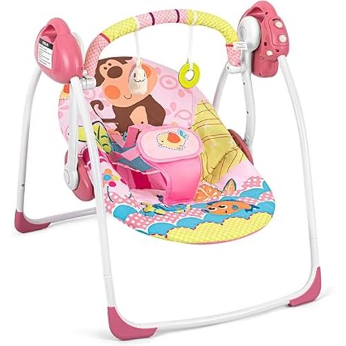 Portable Baby Swings for Infants, Pink Baby Girl Swing with Adaptable Speed, Compact Automatic Baby Swing with Music, Comfort Rocking Chair for Baby, 6-25 lbs 0-9 Months