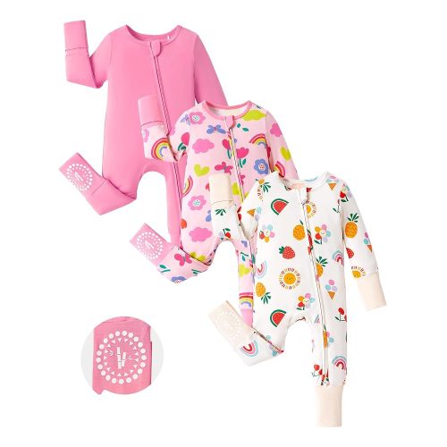 PATPAT Baby Footies Boys Girls - Bamboo Viscose - Zipper & Non-Slip Soles Romper Mitten - Footed & Footless Infant Clothes