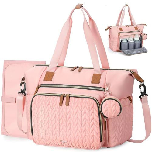 Diaper Bag Tote, Large Diaper Bags Waterproof, Hospital Bag for Labor Delivery, Baby Bag with Pacifier Case, Travel Diaper Tote with Changing Pad, Pink