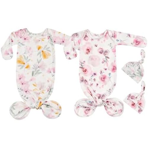 Newborn Knotted Gown Nightgown Soft Sleeper Gown with Hat Set for Baby Boy or Girl-2 Pieces