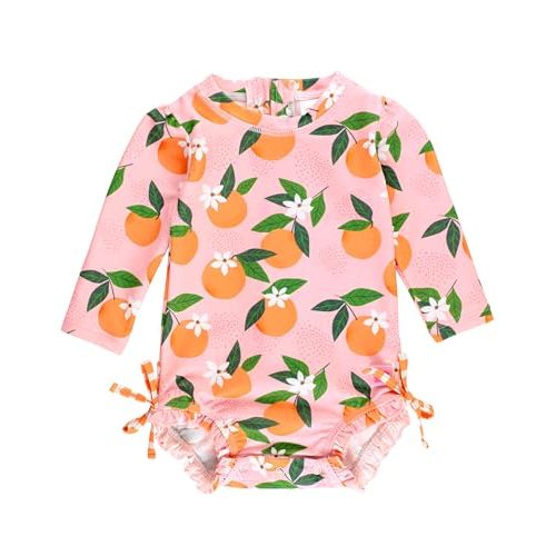 RuffleButts Baby Girls UPF 50+ Sun Protection Novelty Print Long Sleeve One Piece Rash Guard Swimsuit with Zipper
