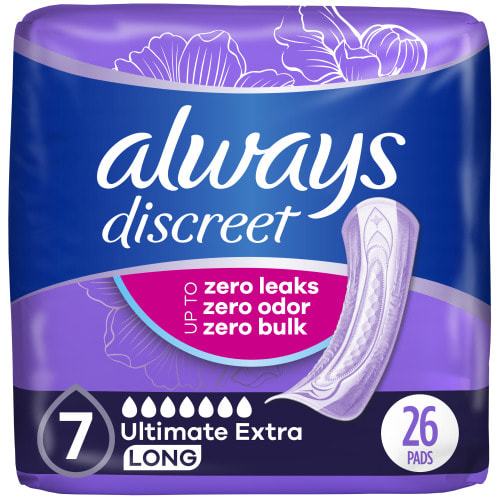 Always Discreet Feminine Incontinence Pads, Extra Protect Absorbency, Long, Scented, 26 CT