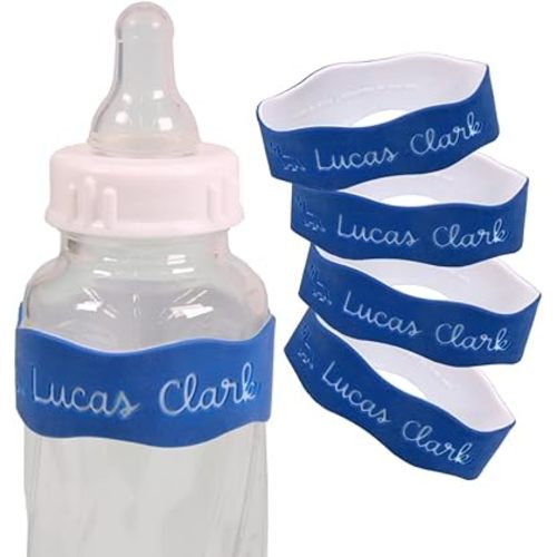 InchBug Orbit Labels - Baby Bottle Name Labels for Daycare, Sippy Cup Bands - Engraved Silicone, Reusable, Dishwasher Safe, White Contrasting Personalization, 4-Pack (Nautical Navy)