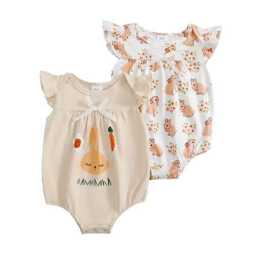 Actgleam Baby Girls Summer Sleeveless Romper Cotton Cute Print Pattern Infant Bodysuits,Apricot Rabbit,2 pieces,6-9 months