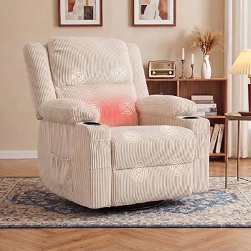 360 Degree Swivel Rocker Recliner Chair with Heat and Massage, Soft Corduroy Manual Reclining Nursery Glider with USB Port, 2 Cup Holders & 4 Storage Pockets, 400lbs Capacity (Beige)