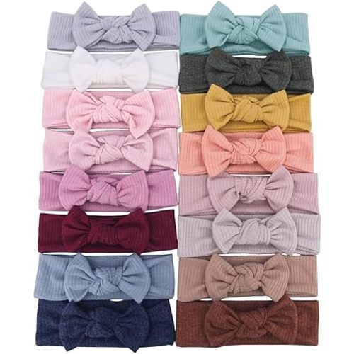 16 PCS Soft Knot Headbands with Hair Bows Elastic Hairbands Head Wrap For Newborn Baby Girls Infant Toddlers Kids Accessories (Bow Headband 16 pcs)