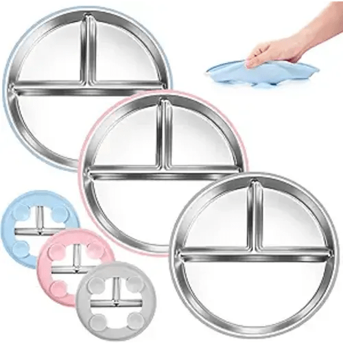 Bella's Friends Stainless Steel Toddler Plates Silicone Suction,3 Packs Non-Slip Kids Plates,Divided Portion,Food-Grade Silicone Plate for Baby,LEAD-FREE Dishwasher Safe,Grey Mint Green Pink
