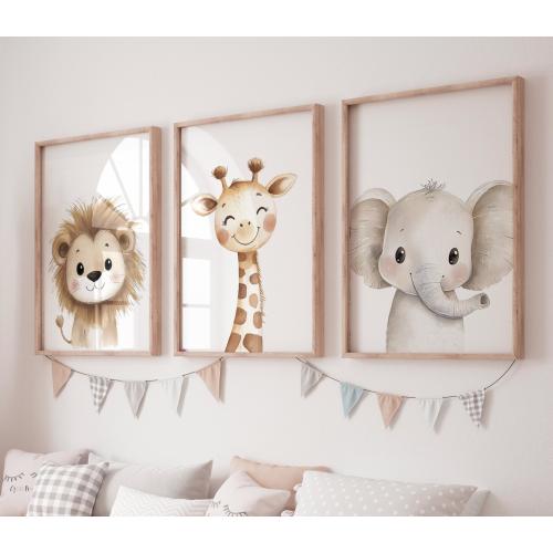 Safari Animal Nursery Wall Art Set of 3, Lion Giraffe Elephant Prints, Neutral Jungle Baby Room Decor, Cute Watercolor Zoo Animals