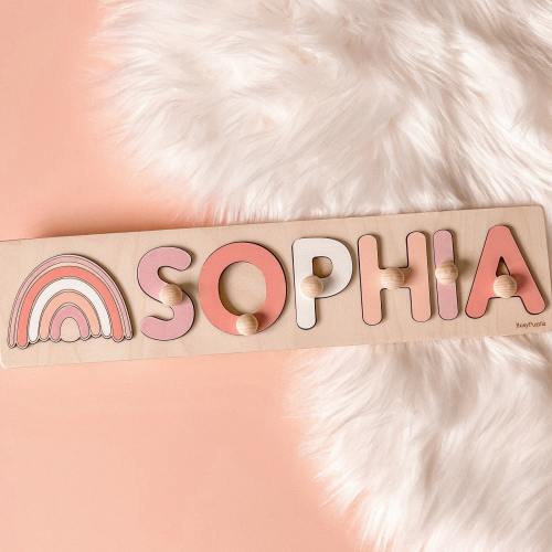 Pastel Pink Name Puzzle for Girl - Rainbow Baby Gift - Montessori Learning Puzzle Toys - Baby Shower and First Birthday Gift - 1st Christmas