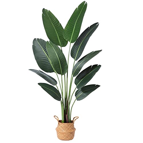 Ferrgoal Artificial Bird of Paradise Plants 5Ft Fake Tropical Palm Tree with 10 Trunks in Pot and Woven Seagrass Belly Basket Perfect Faux Plant for Home Indoor Outdoor Office Modern Decor Green